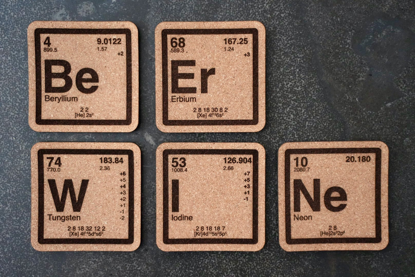 Periodic Table Element Cork Coasters - BeEr WINe WHISKY Chemistry Science Gift Set - Laser Engraved Drink Coasters for Teachers Scientists