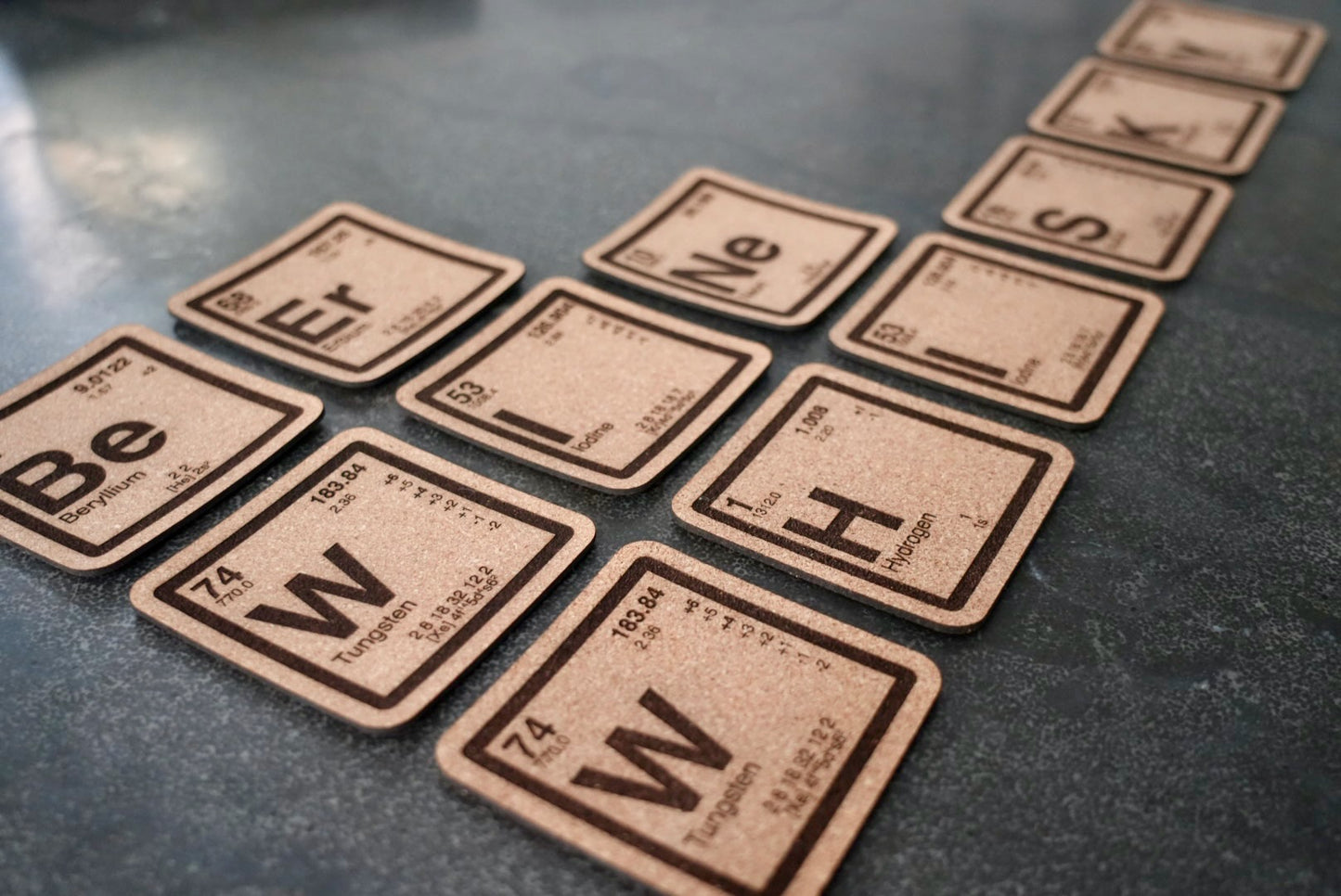 Periodic Table Element Cork Coasters - BeEr WINe WHISKY Chemistry Science Gift Set - Laser Engraved Drink Coasters for Teachers Scientists