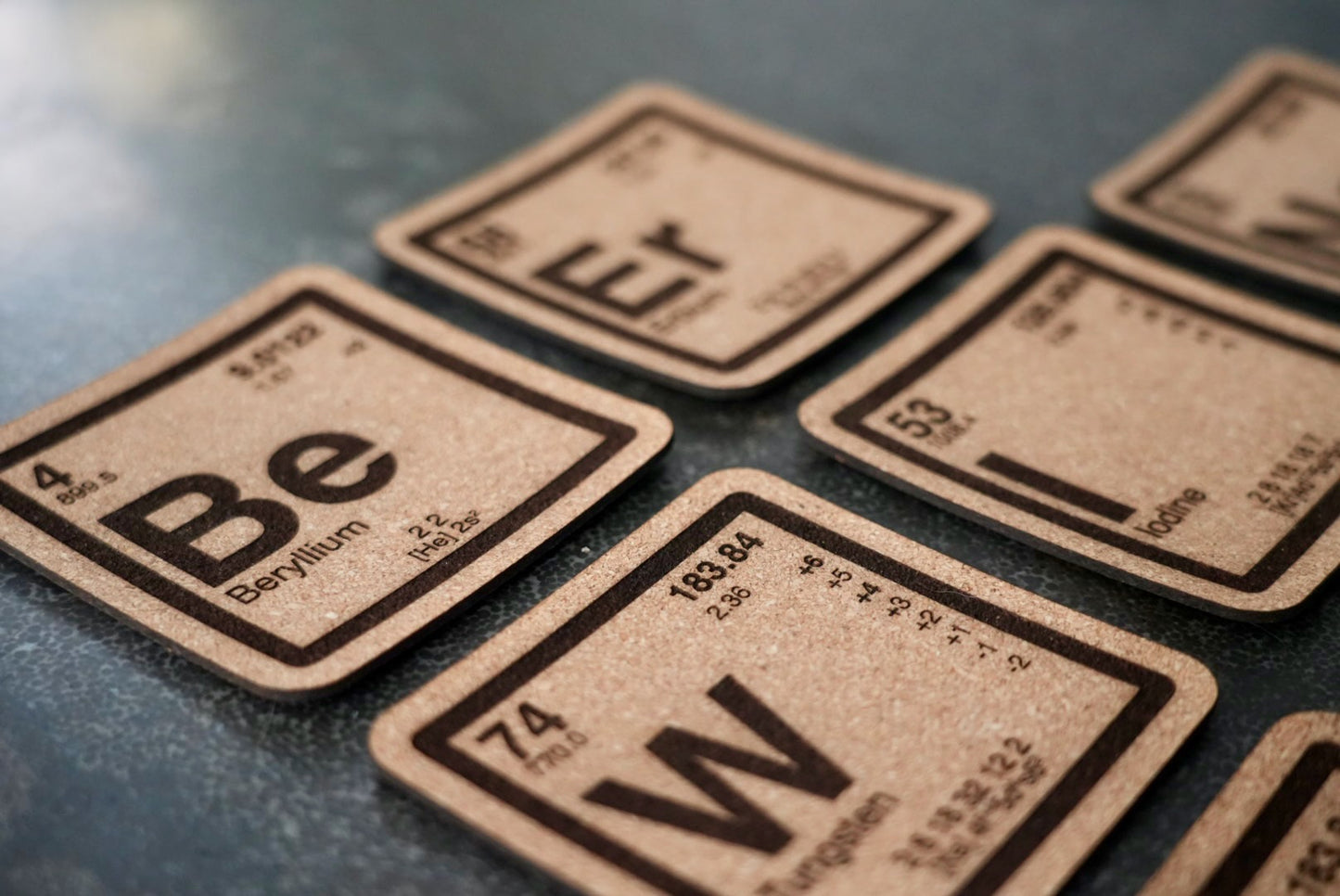 Periodic Table Element Cork Coasters - BeEr WINe WHISKY Chemistry Science Gift Set - Laser Engraved Drink Coasters for Teachers Scientists
