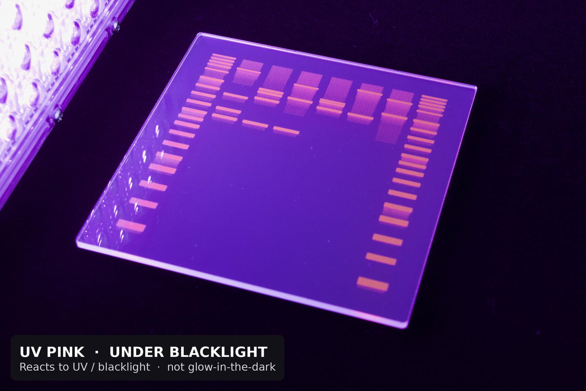 UV pink smooth acrylic DNA gel coaster glowing under blacklight