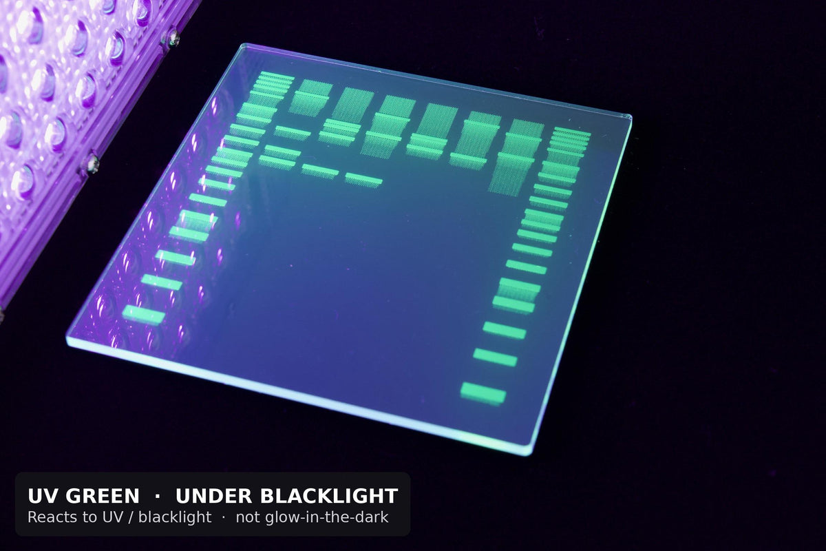 UV green smooth acrylic DNA gel coaster glowing under blacklight