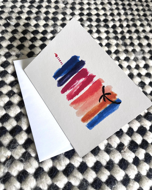 Tropical Sunset Watercolor Birthday Card | Palm Tree Cake Art Print (5.25 x 7.25 inches)