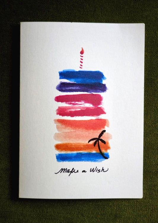 Watercolor Sunset Palm Tree Birthday Card | Tropical Make a Wish Greeting 5.25x7.25